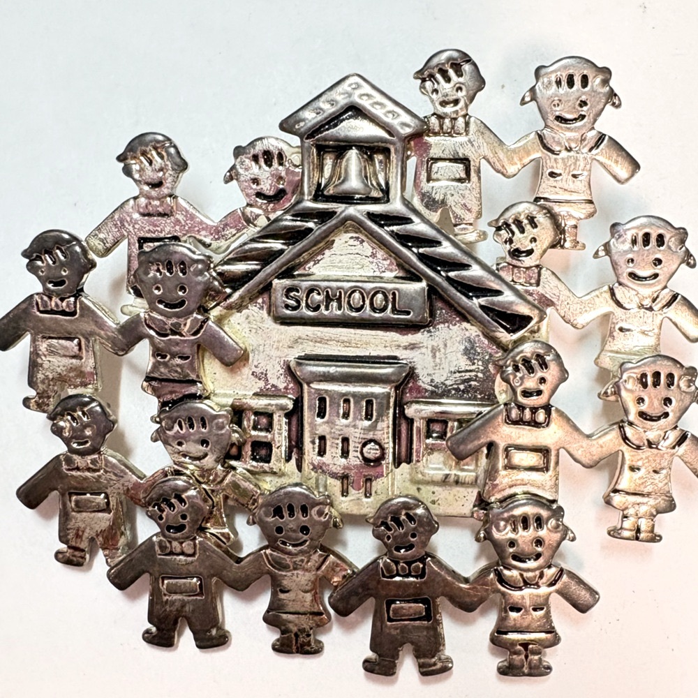 Charming Silver tone Schoolhouse Brooch with children